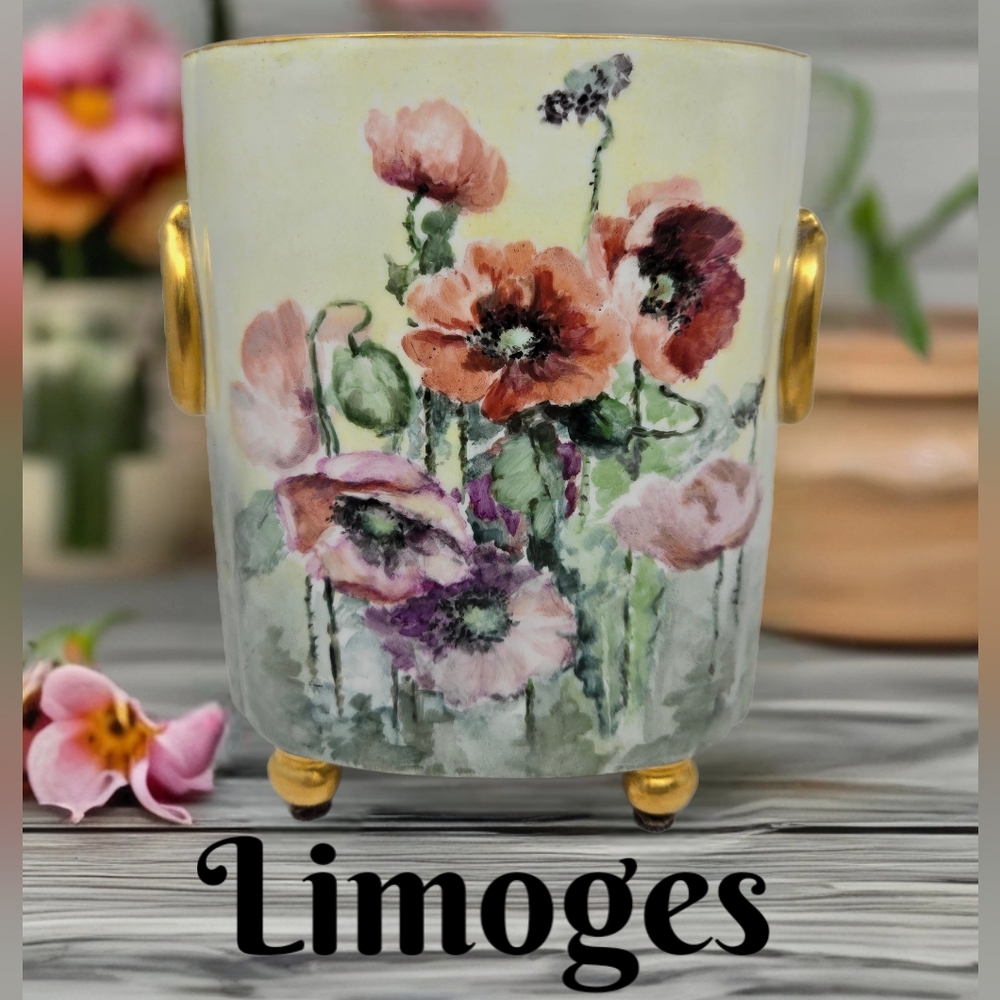 Antique Beauty Limoges Hand-painted Poppy Flower With Gold Accent Cachepot Vase